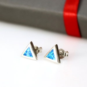Blue Opal Triangle Stud Earrings Minimalist Sterling Silver Studs - Tiny Blue Earrings, Birthday Gift for her Geometric Stud Earrings