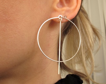 Circle Bar Earrings, hoops with bar, dangle bar earrings Sterling Silver dangling hoops, lightweight earrings Drop earrings geometric hoops