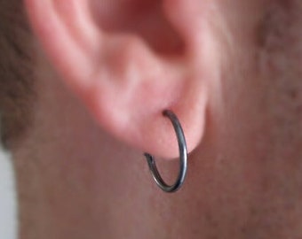 Mens Black Earrings 15mm Huggie Hoop Earrings for Men Unisex 925 Sterling Silver Tube Hoops Mens Huggie Earring Black Hoops  3/5 inch