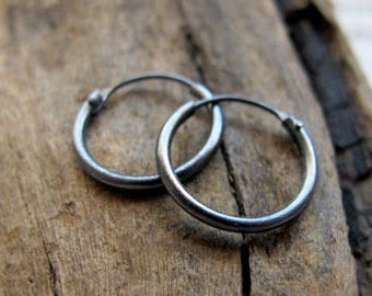 Small Dark Silver Hoop Earrings for Men, mens earrings, Unisex Black Hoops, Sterling Silver Huggie Earrings 10mm, 12mm, 15mm - Elegant