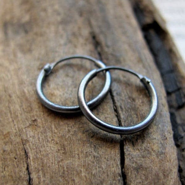 Small Dark Silver Hoop Earrings for Men, mens earrings, Unisex Black Hoops, Sterling Silver Huggie Earrings 10mm, 12mm, 15mm - Elegant