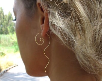 Gold Spiral Earrings with Tail Modern Swirl Earrings Curved Earrings Unique Earrings Designed Earrings Artisan Jewelry Birthday Gift for her