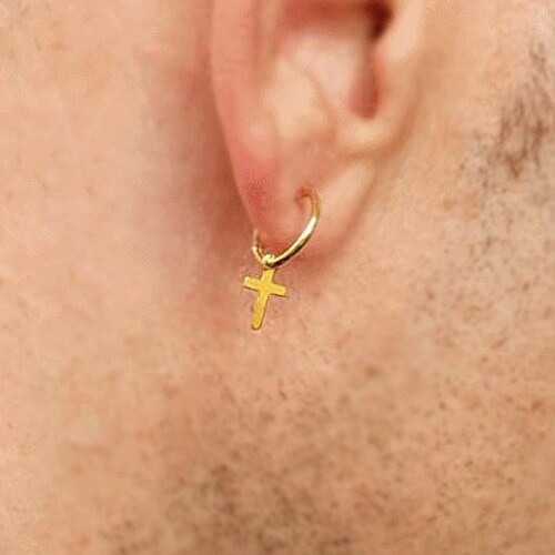 Gold Cross Earring for Men Dangling Small Cross Earring 14K Etsy