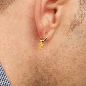 Gold Cross Earring for men. Dangling Small Cross Earring 14K Gold Vermeil Huggies Earring, Single Earring, guys earring gold Mens Jewelry