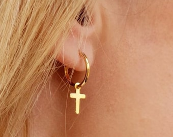 Gold Cross Dangle Earrings Small Cross Earrings for Women Charm Drop Cross Earrings Huggie earrings Birthday gift for her Small Cross Hoops