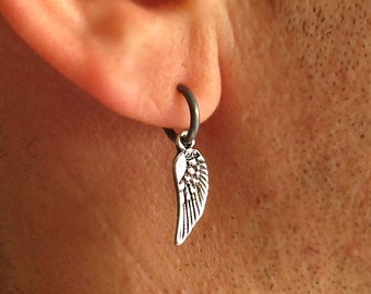 Angel Wing Earring Mens Earrings Black Hoop Earring for men Unisex Hoops Black Sterling Silver Men's Jewelry gothic Dangle Drop Earring