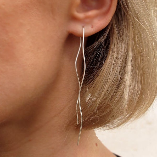 Wave Threader oorbellen 3 inch oorbellen minimalistische 925 sterling zilveren oorbellen lichtgewicht oorbellen gebogen drop oorbellen lange nek oorbellen