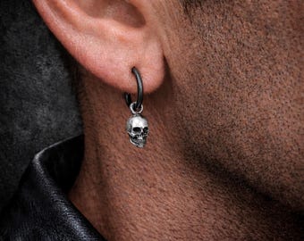 Skull Dangle Earring for Men Skeleton Head Earrings 925 Sterling silver Black Earring Punk Jewelry Mens Earring Unisex Gothic Earring