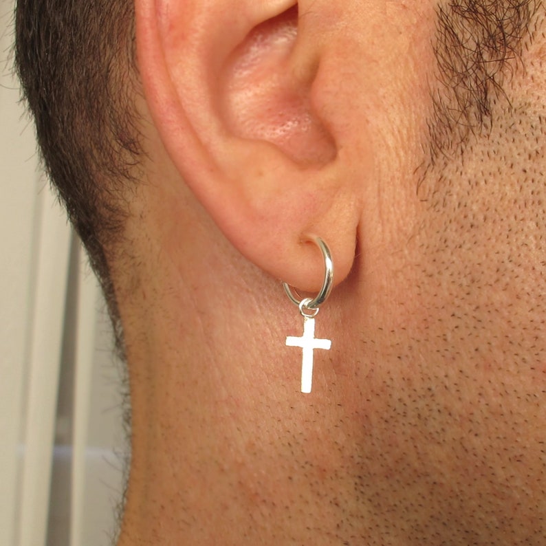 Sterling Silver Cross Earring for men, Mens Cross Earring Sterling Silver Mens Hoop Earring Silver cross earring for guys cross hoop earring image 6