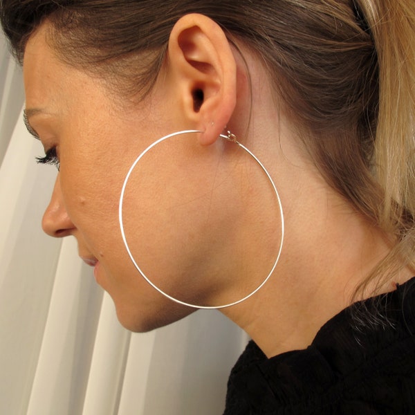 Large Silver Earrings for Woman Sterling Silver Hoop Earrings 3 inch Thin Hoops Flat Elegant Hoops Fashion Earrings XL Hoop Big Earrings