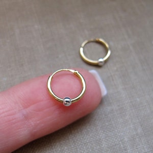 ゴールドフープイヤリング。ボールエンドレススモールスリーパーフープ8mm、10mm、12mm、15mm軟骨、トラガス、シームレスキャッチレス、毎日使えるイヤリング/ミディアム