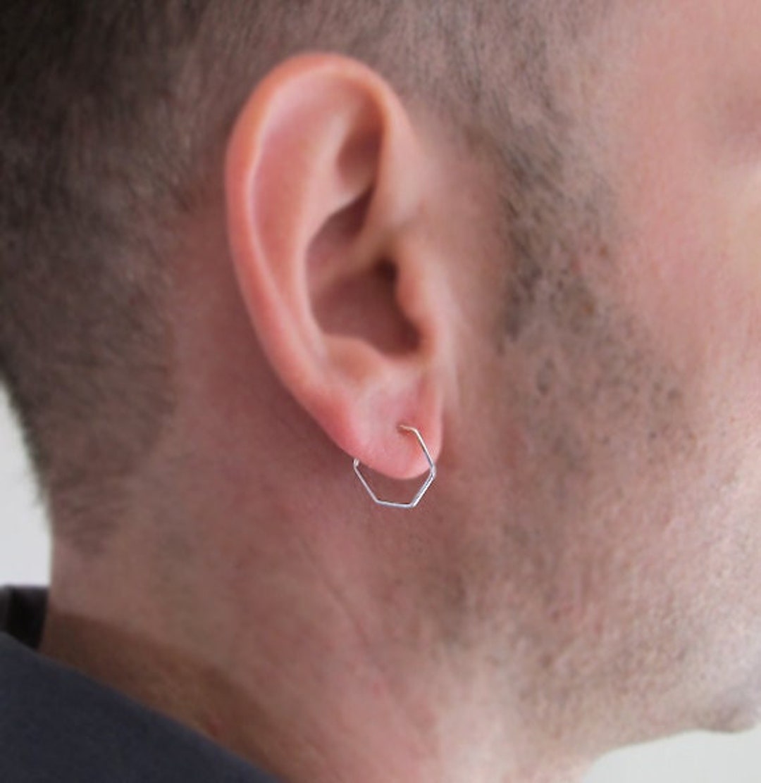 Geometric Mens Earring 925 Sterling Silver Hexagon Shaped Hoop Earring