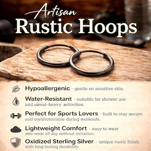 Mens earrings Small Dark Silver Hoop Earrings for Men Unisex Black Hoops Sterling Silver Huggie Earrings 10mm 12mm 15mm Rustic hoops Antique image 12