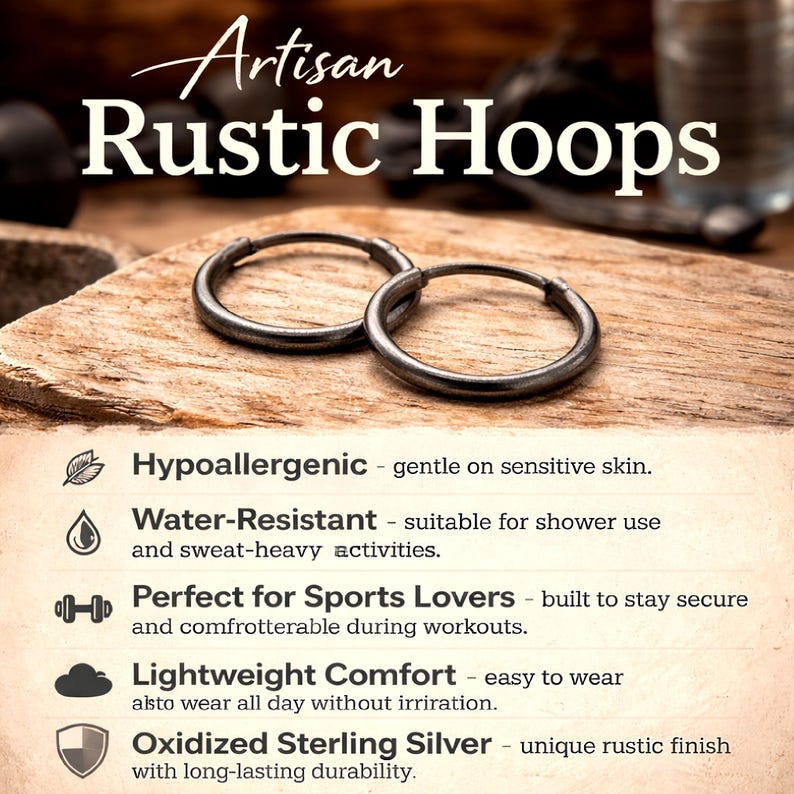 Mens earrings Small Dark Silver Hoop Earrings for Men Unisex Black Hoops Sterling Silver Huggie Earrings 10mm 12mm 15mm Rustic hoops Antique image 12