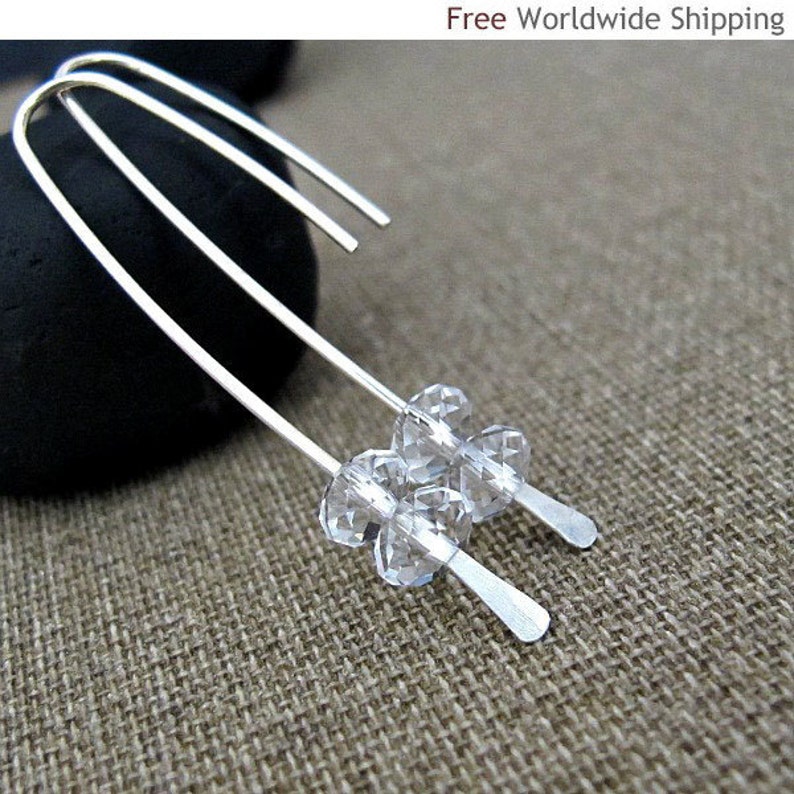 Minimalist Threader Earrings Sterling Silver Open Hoop Wire Threader Handmade CZ Crystal earrings 2 inch Geometric Earrings 2 inch image 2