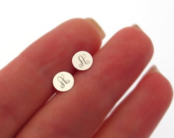 Personalized Sterling Silver Monogram Stud Earrings, Initial Round Post Earrings, Customizable Birthday Gift for Her and Girls Letters studs