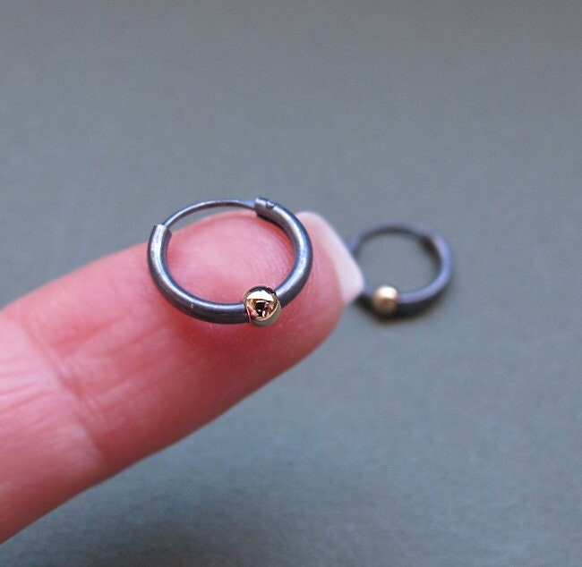 Men Black Hoop Earrings Small Gold Bead Hoops for Mens earrings Unisex Huggie Hoop Earring Dark Sterling Silver Gold Filled Ball Mens Hoops