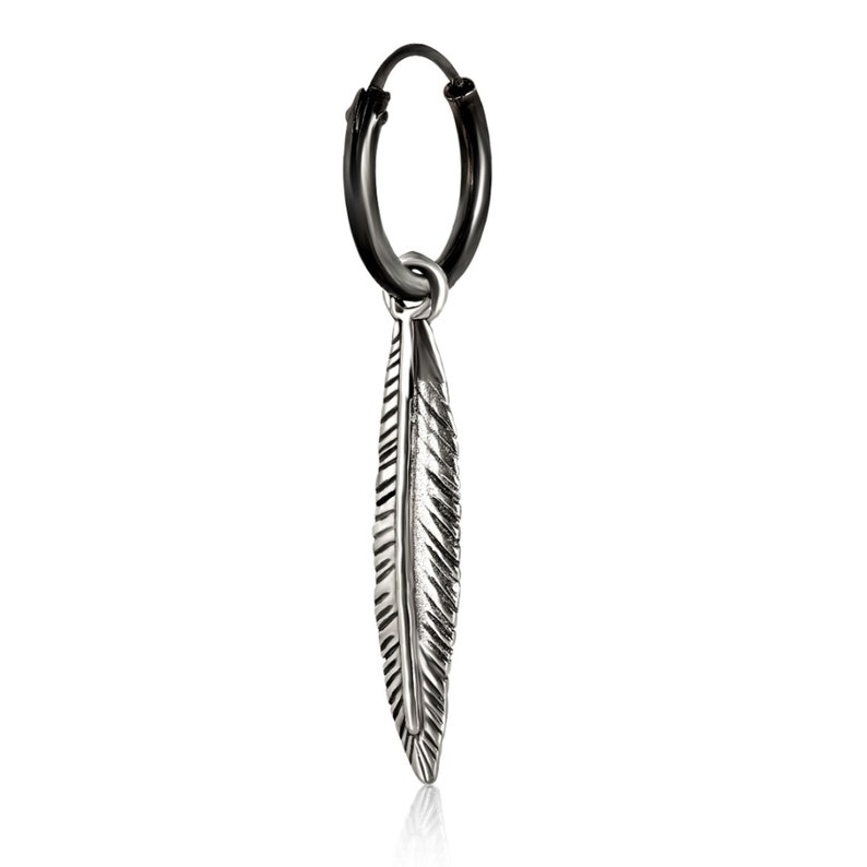 Mens Earring, Single Feather Earring for Men, Unisex Design Black Hoop Dangling Earring, Mens Hoops Men's Jewelry goth Gothic Birthday Gift image 2