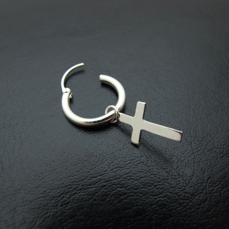 Sterling Silver Cross Earring for men, Mens Cross Earring Sterling Silver Mens Hoop Earring Silver cross earring for guys cross hoop earring image 5