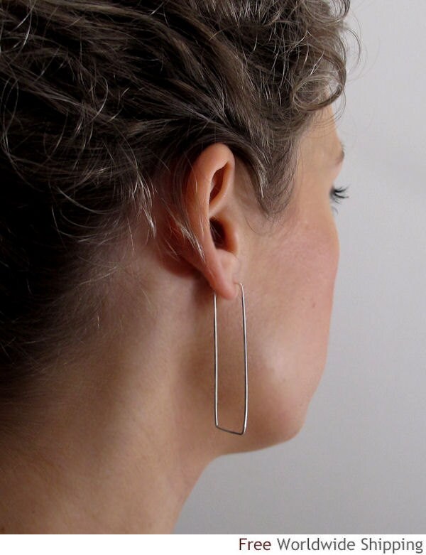 Rectangle Hoop Earrings Sterling Silver Modern Earrings Thin - Etsy