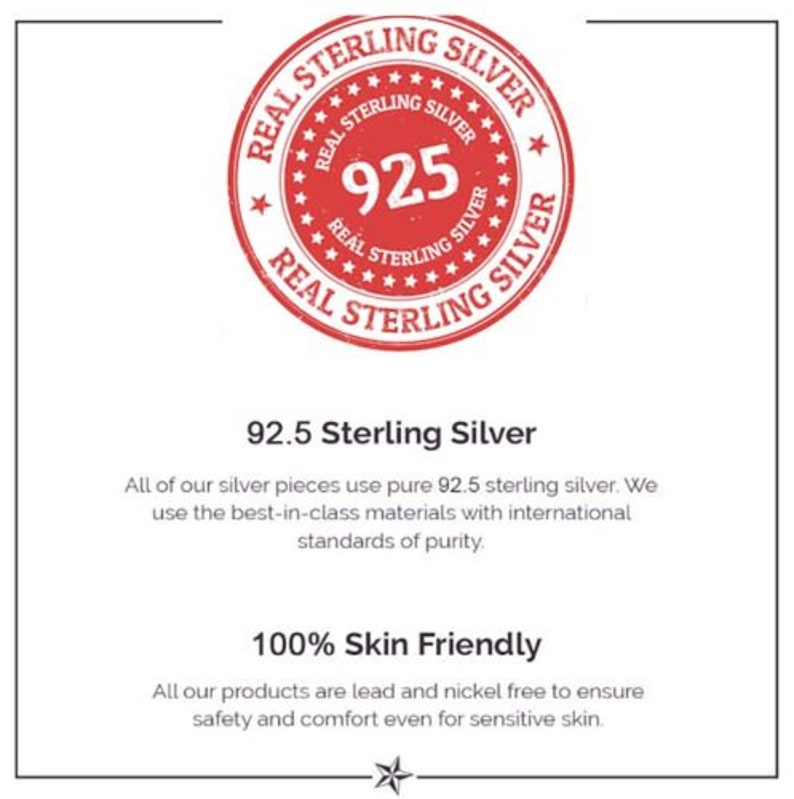 May include: A white background with a red circular stamp that reads "REAL STERLING SILVER" around the edge. The number "925" is in the center. Below the stamp, text states "92.5 Sterling Silver" and "100% Skin Friendly".