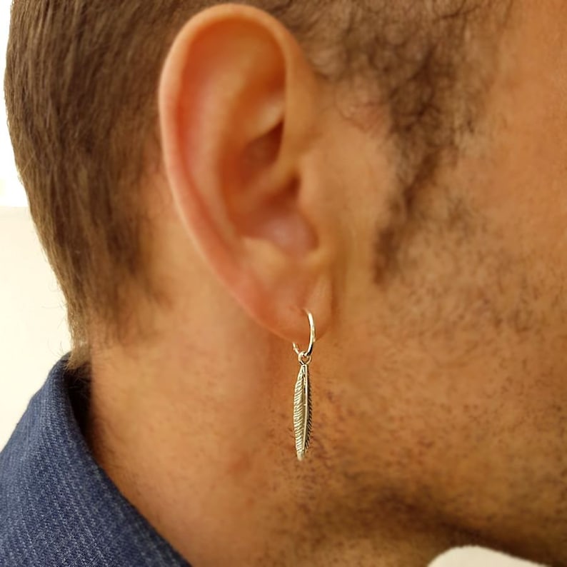 Mens Earring, Single Feather Earring for Men, Unisex Design Black Hoop Dangling Earring, Mens Hoops Men's Jewelry goth Gothic Birthday Gift image 7