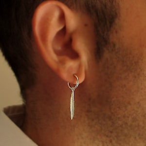 Mens Earring, Single Feather Earring for Men, Unisex Design Black Hoop Dangling Earring, Mens Hoops Men's Jewelry goth Gothic Birthday Gift image 6