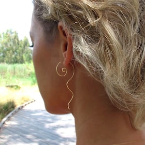 Gold Spiral Earrings with Tail Modern Swirl Earrings Curved Earrings Unique Earrings Designed Earrings Artisan Jewelry Birthday Gift for her