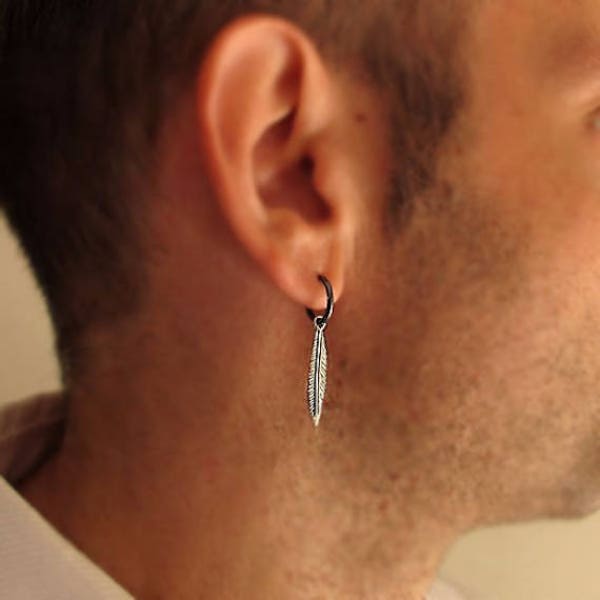 Mens Earring, Single Feather Earring for Men, Unisex Design Black Hoop Dangling Earring, Mens Hoops Men's Jewelry goth Gothic Birthday Gift