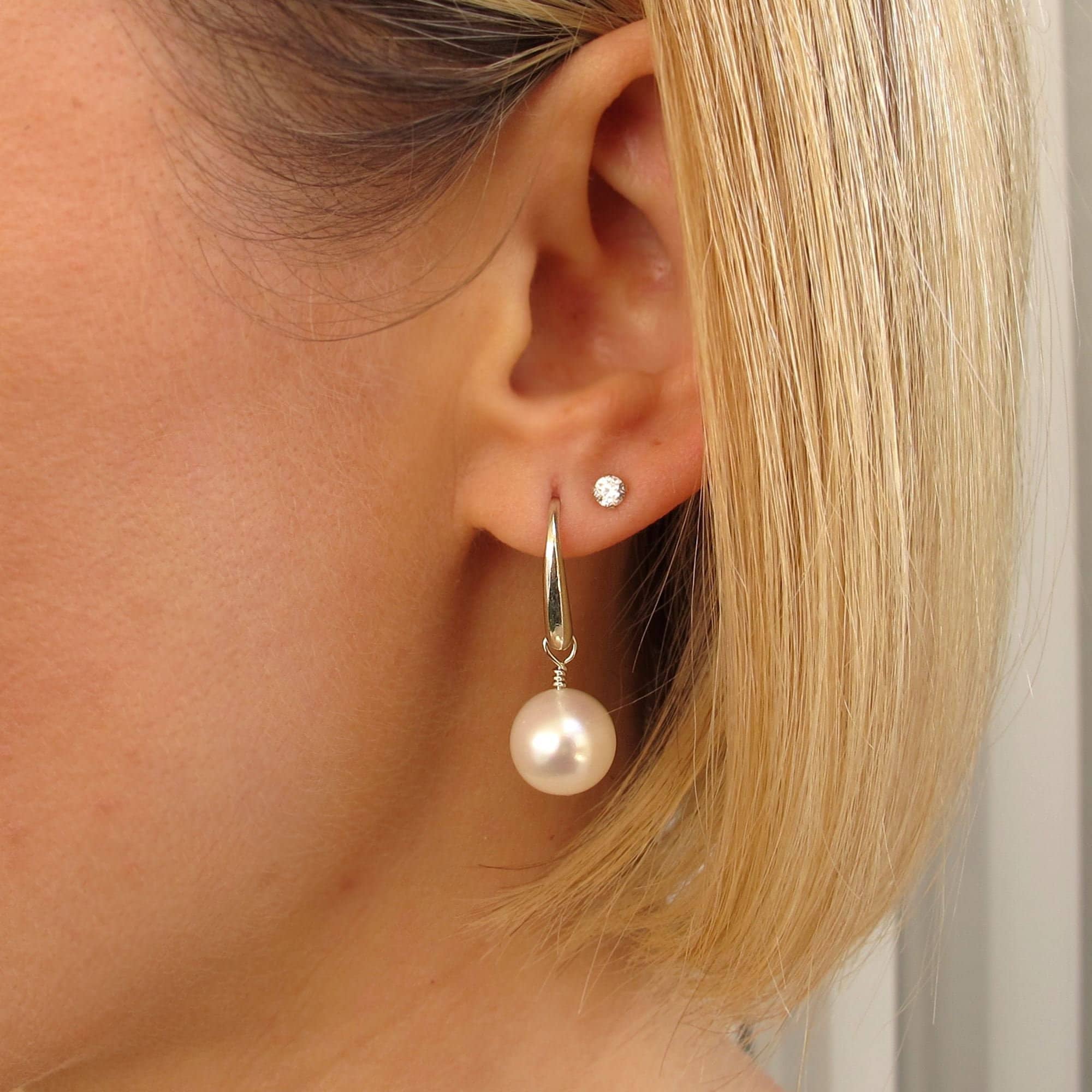 Sterling Silver Dangle Drop Pearl Earrings Ivory Cream 10mm