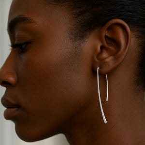 925 Sterling Silver Threader Earrings Top Square Earrings Elegant Curve Hook Earrings Classic Modern Earrings Line Modern Earrings for Her image 4