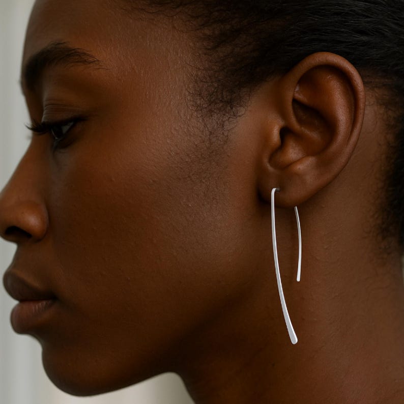 925 Sterling Silver Threader Earrings Top Square Earrings Elegant Curve Hook Earrings Classic Modern Earrings Line Modern Earrings for Her image 4