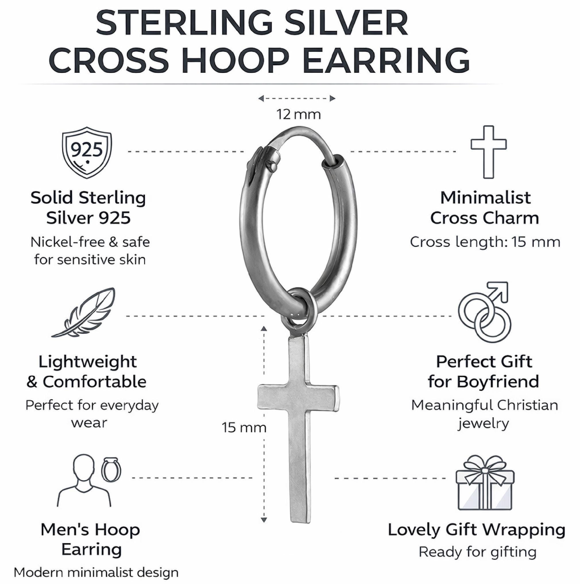 Orecchini a croce da uomo in argento sterling 925, orecchini a cerchio pendenti con croce, orecchini a cerchio singoli in argento con croce per ragazzi - Italia