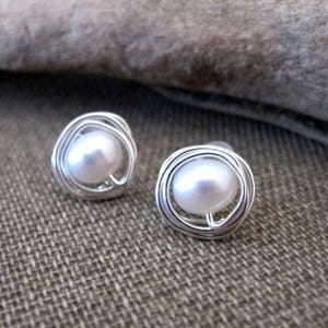 Freshwater Pearl Stud Earrings Sterling Silver Wire Swapped Pearl Post Earrings Delicate Earrings Elegant Pearls Studs Birthday Gift for her