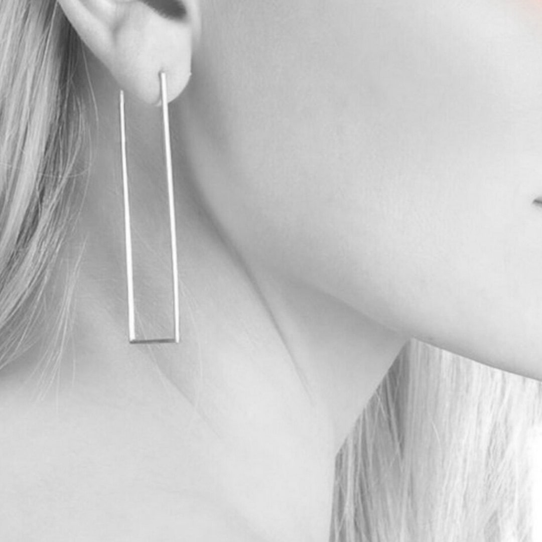 Rectangle Hoop Earrings Sterling Silver Modern Earrings Thin Hammered ...
