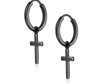 Black Dangling Cross Earrings for Men Cross Dangle Earring Oxidized Sterling silver hanging mens earring Gift for him Rustic cross