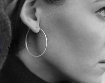 Thin Sterling Silver Hoop Earrings, 1.5 inch Round Hoops. Modern Hammered Flat Earrings, Trendy Jewelry, Medium Hoops, 1.5 inches hoops