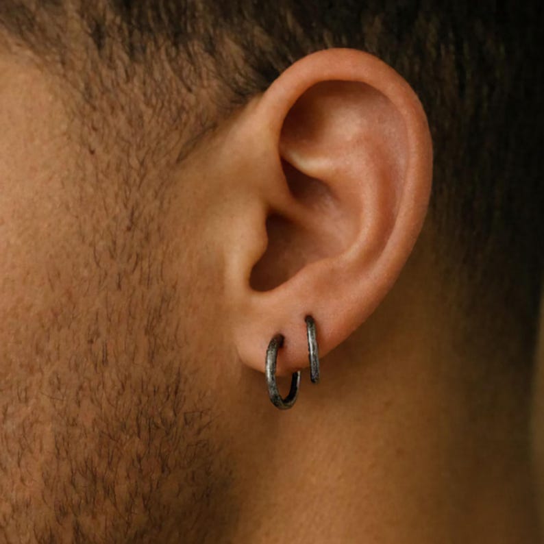 Mens earrings Small Dark Silver Hoop Earrings for Men Unisex Black Hoops Sterling Silver Huggie Earrings 10mm 12mm 15mm Rustic hoops Antique image 2