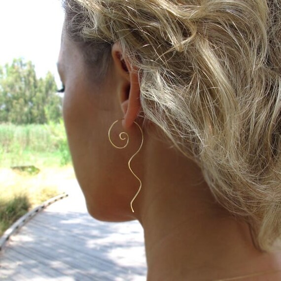 Gold Spiral Earrings With Tail Modern Swirl Earrings Curved
