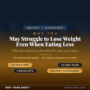 Op de afbeelding: Een digitale educatieve gids getiteld Weight + Hormones: Why You May Struggle to Lose Weight Even When Eating Less. Het document bevat een pdf van 26 pagina's, een plan van 14 dagen, checklists en directe downloadfuncties op een donkerblauwe en gouden achtergrond.