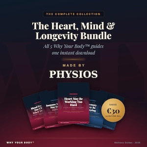 May include: A digital bundle titled The Heart, Mind & Longevity Bundle by Physios, featuring five Why Your Body guides. The dark background displays white text, including the phrase All 5 Why Your Body guides one instant download, and a gold circle graphic.