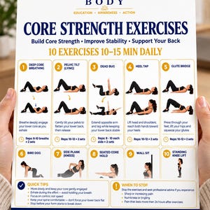 May include: A white informational poster titled Core Strength Exercises featuring ten numbered illustrations of physical movements. The document includes instructions, repetition counts, and safety tips for daily exercise routines.