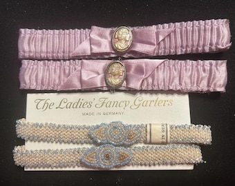 Antique Beaded Garters NOS & Pink Cameo Satin Garter Set Vintage Wedding 4pc