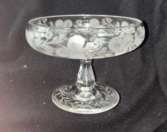 Antique Hawkes Signed Etched Crystal Compote Bowl - Vintage Clear Glass Pedestal Candy Dish, Wheel Cut Floral and Leaf Border Centerpiece