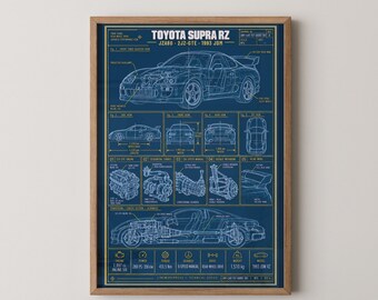 Toyota Supra A80 Blueprint Print | 2JZ-GTE JZA80 RZ JDM Wall Art | Supra MK4 Car Poster Gift