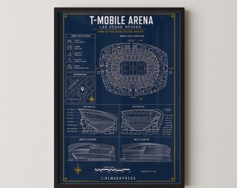 Plano del T-Mobile Arena de Las Vegas / Póster de arte mural del estadio de hockey / Arte arquitectónico lineal / Regalo de Las Vegas / Impresión de coordenadas