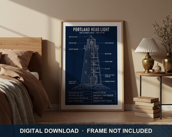 Portland Head Light Blueprint Print | Digital Download | 5 Print Ratios 300 DPI | Lighthouse Wall Art | Printable Poster