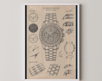 Omega Speedmaster Pencil Study Print | Watch Sketch Wall Art | Moonwatch Drawing Gift for Watch Lovers
