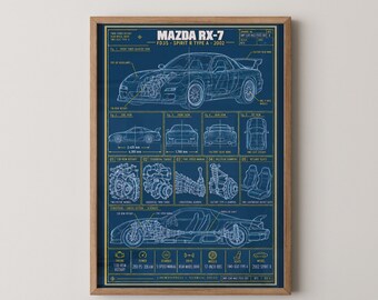 Mazda RX-7 Spirit R Blueprint Print | FD3S Rotary JDM Wall Art | 13B Rotary Car Poster Gift