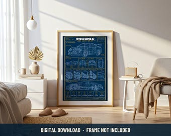 Toyota Supra A80 Blueprint Print | Digital Download | 5 Print Ratios 300 DPI | Car Wall Art | Printable Poster